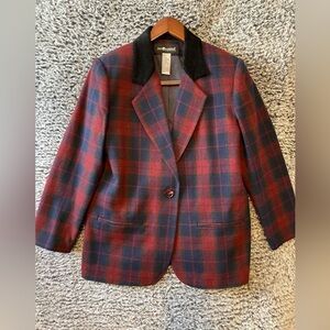 VTG Sag Harbor Green Blue Red Plaid Blazer Velvet Collar Size 8
